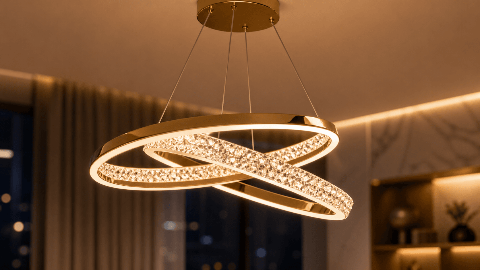 Lustre pendente moderno aceso em sala de estar
