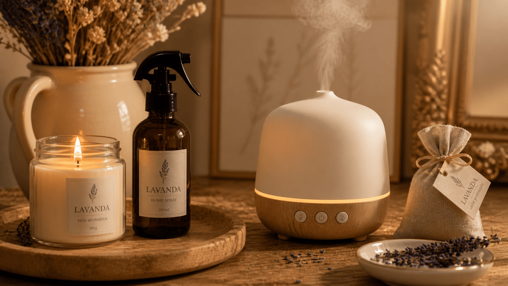 Mesa rústica com vela aromática, home spray, difusor e sachê perfumado — técnica de camadas de aromaterapia