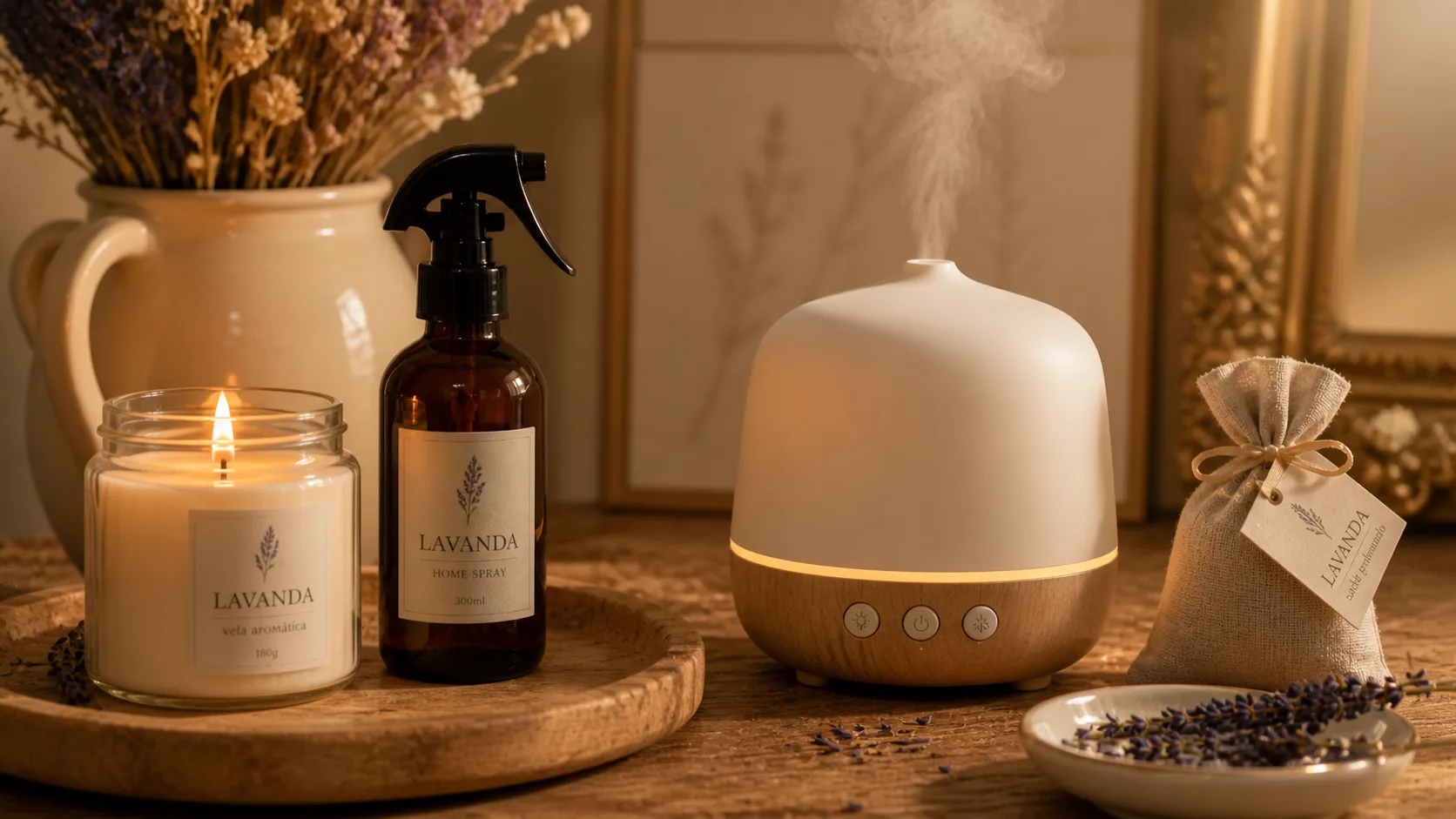 Mesa rústica com vela aromática, home spray, difusor e sachê perfumado — técnica de camadas de aromaterapia