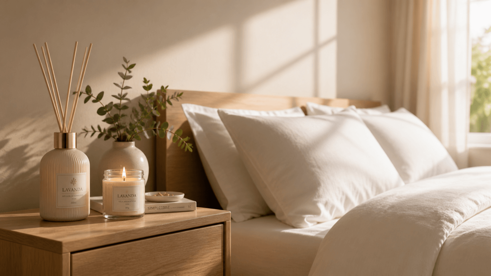 Quarto minimalista e aconchegante com difusor de varetas e vela aromática