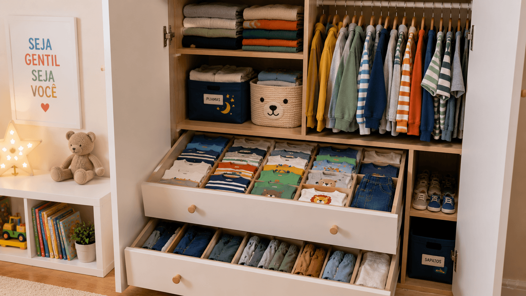 Roupas infantis organizadas no guarda-roupa