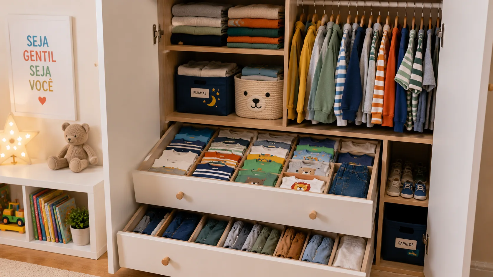 Organização com Filhos em Casa: Soluções que Funcionam de Verdade Roupas infantis organizadas no guarda-roupa