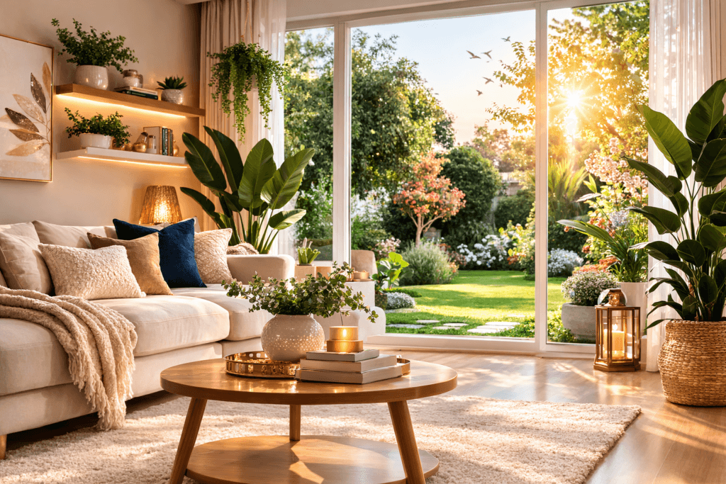 Sala de estar aconchegante com sofá, almofadas e manta, vasos com plantas e planta pendente, mesinha de centro redonda com flores, e porta janela ampla com vista para jardim exuberante