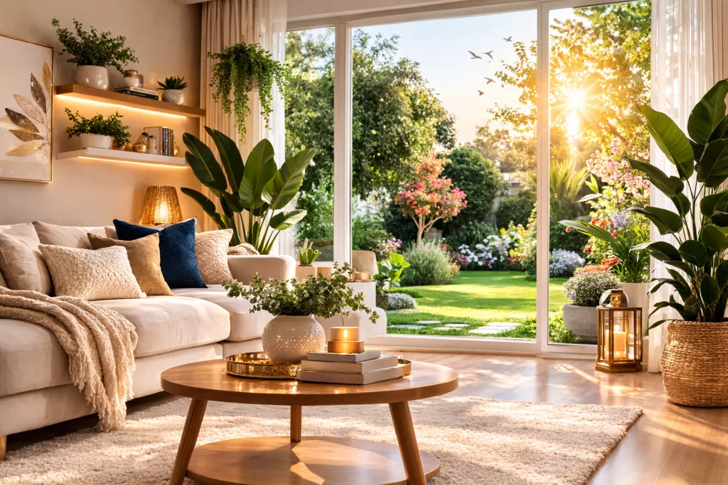 Sala de estar aconchegante com sofá, almofadas e manta, vasos com plantas e planta pendente, mesinha de centro redonda com flores, e porta janela ampla com vista para jardim exuberante