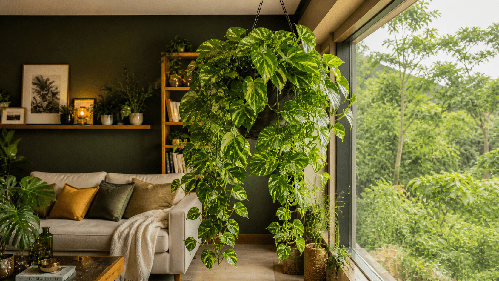 Sala cheia de plantas com luz suave