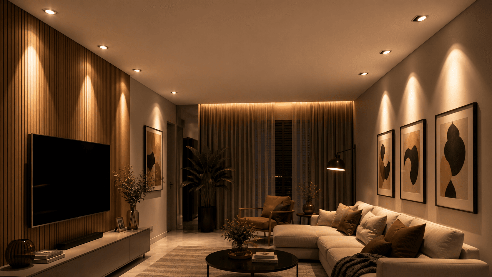 Sala de estar moderna e aconchegante com spots no teto
