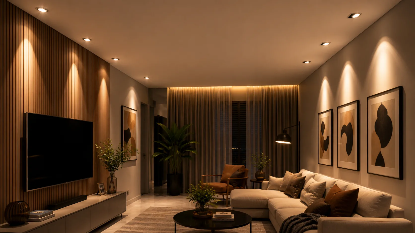 Sala de estar moderna e aconchegante com spots no teto