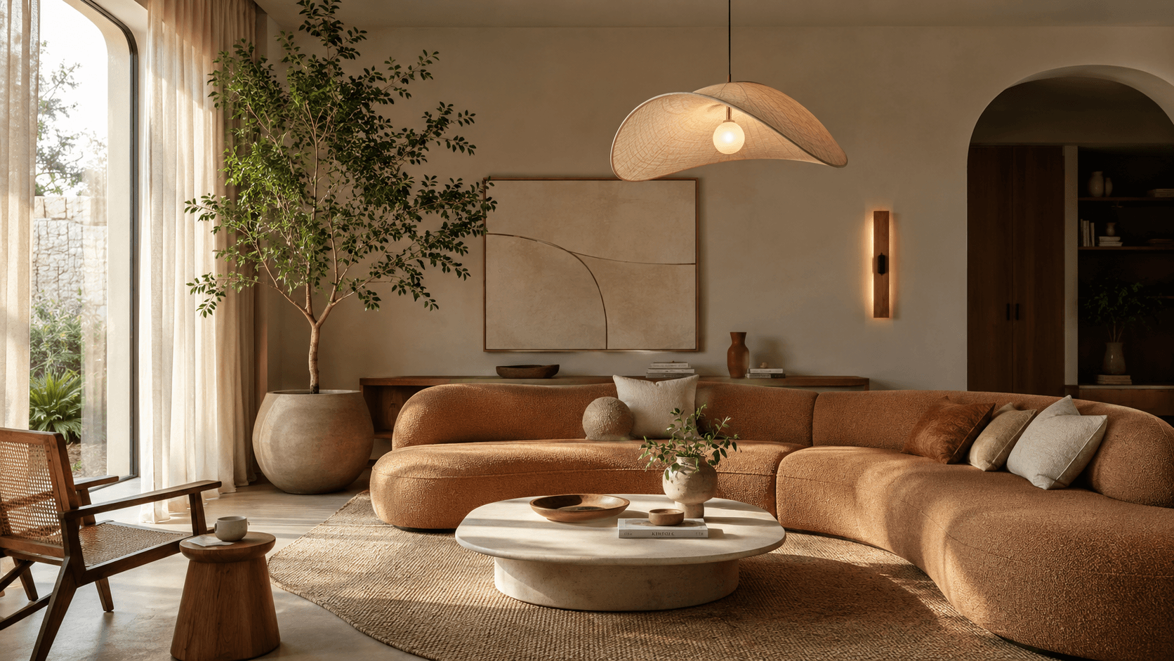 Sala de estar com sofá de formas curvas no estilo futurismo orgânico