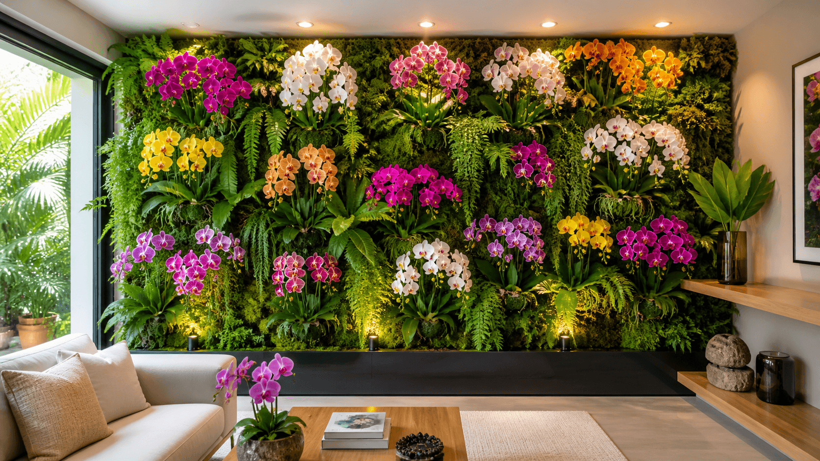 Jardim vertical com orquídeas coloridas em sala moderna — plantas que atraem energia positiva