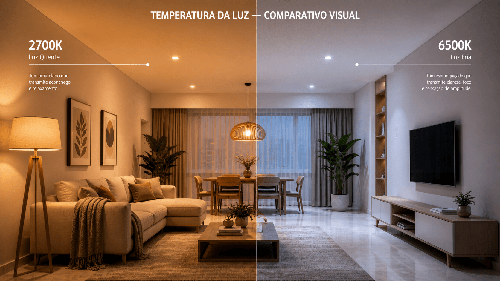 Comparativo visual de temperatura da luz 2700K e 6500K