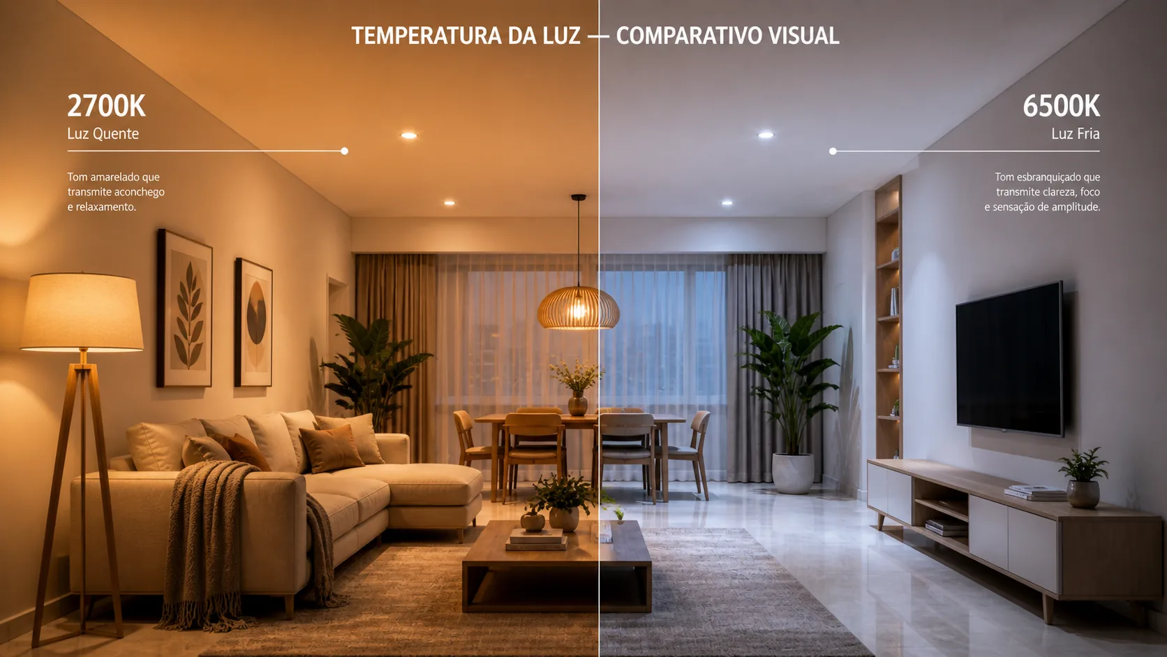Comparativo visual de temperatura da luz 2700K e 6500K