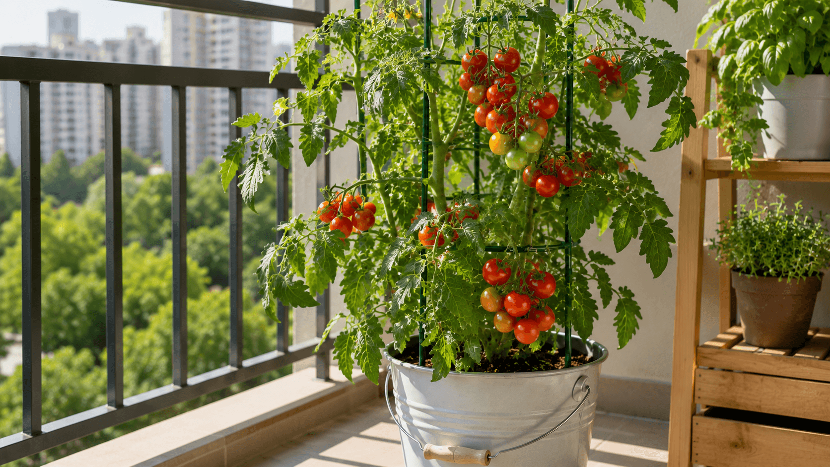 Tomateiro com frutos cereja vermelhos amadurecendo em vaso na varanda de apartamento