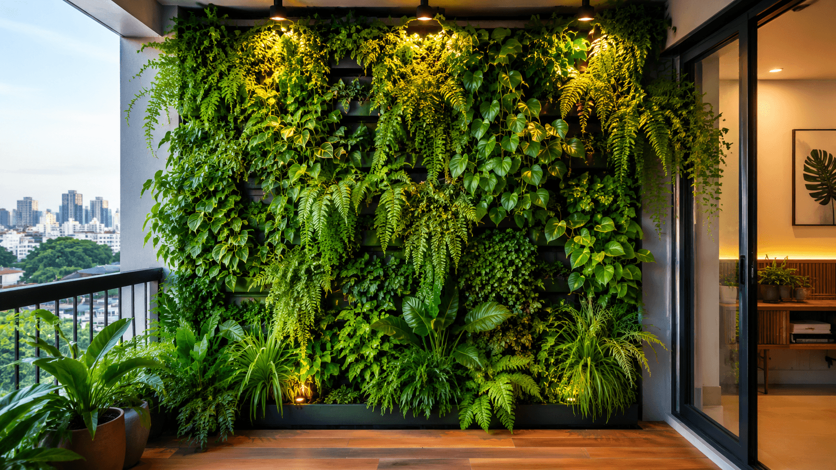 Jardim vertical em varanda de apartamento moderno