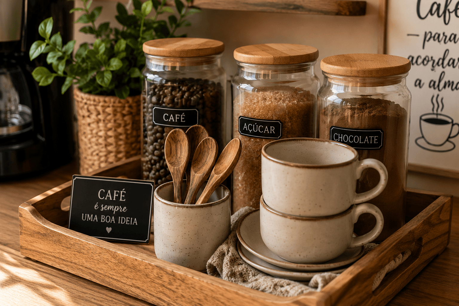 potes de vidro com tampa de bambu, xícaras de cerâmica e bandeja organizados no cantinho do café