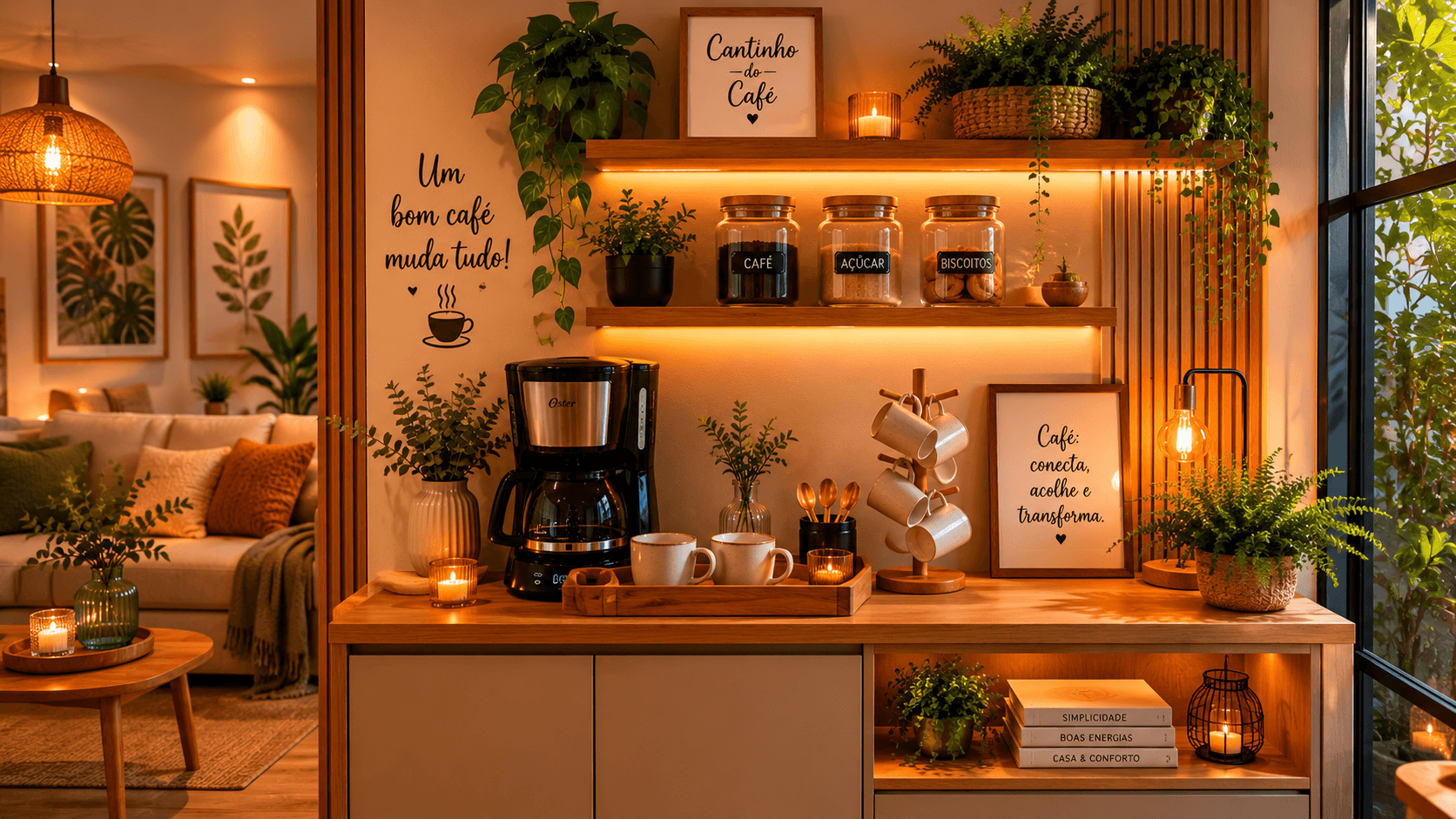 ambiente completo com cantinho do café integrado à sala com luz indireta e tons naturais