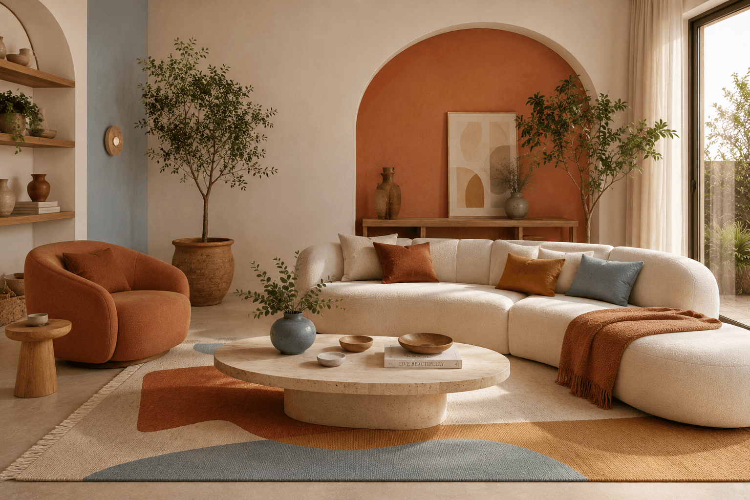 Ambiente decorado com paleta de cores do futurismo orgânico — terracota, ocre e off-white