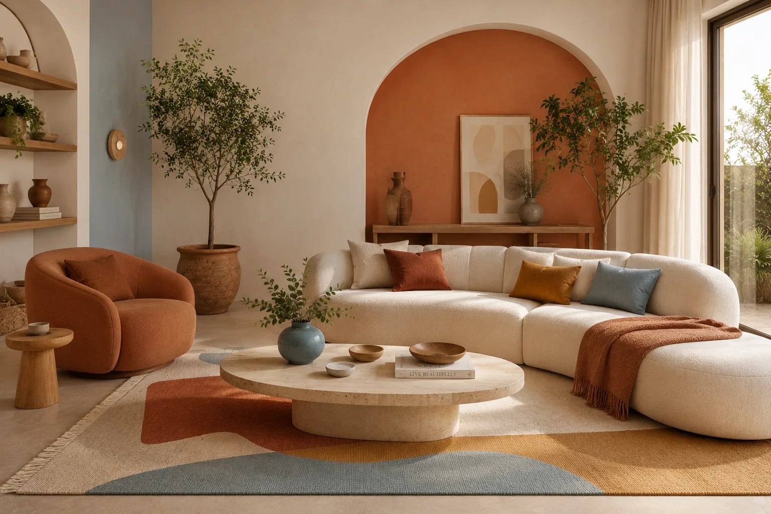 Ambiente decorado com paleta de cores do futurismo orgânico — terracota, ocre e off-white