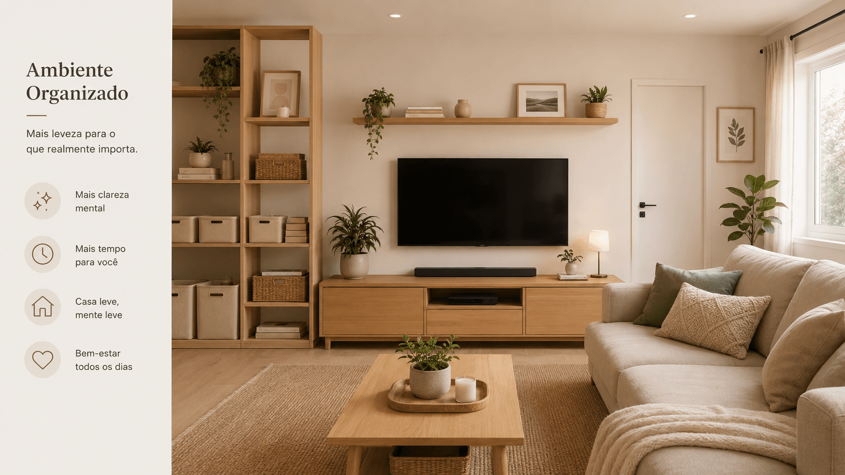 Ambiente final organizado com método KonMari — quarto minimalista e harmonioso