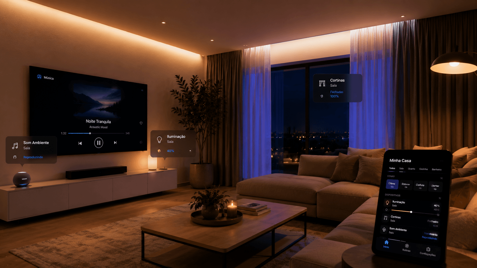 Sala integrada com automação residencial completa: iluminação inteligente, som e decoração em harmonia