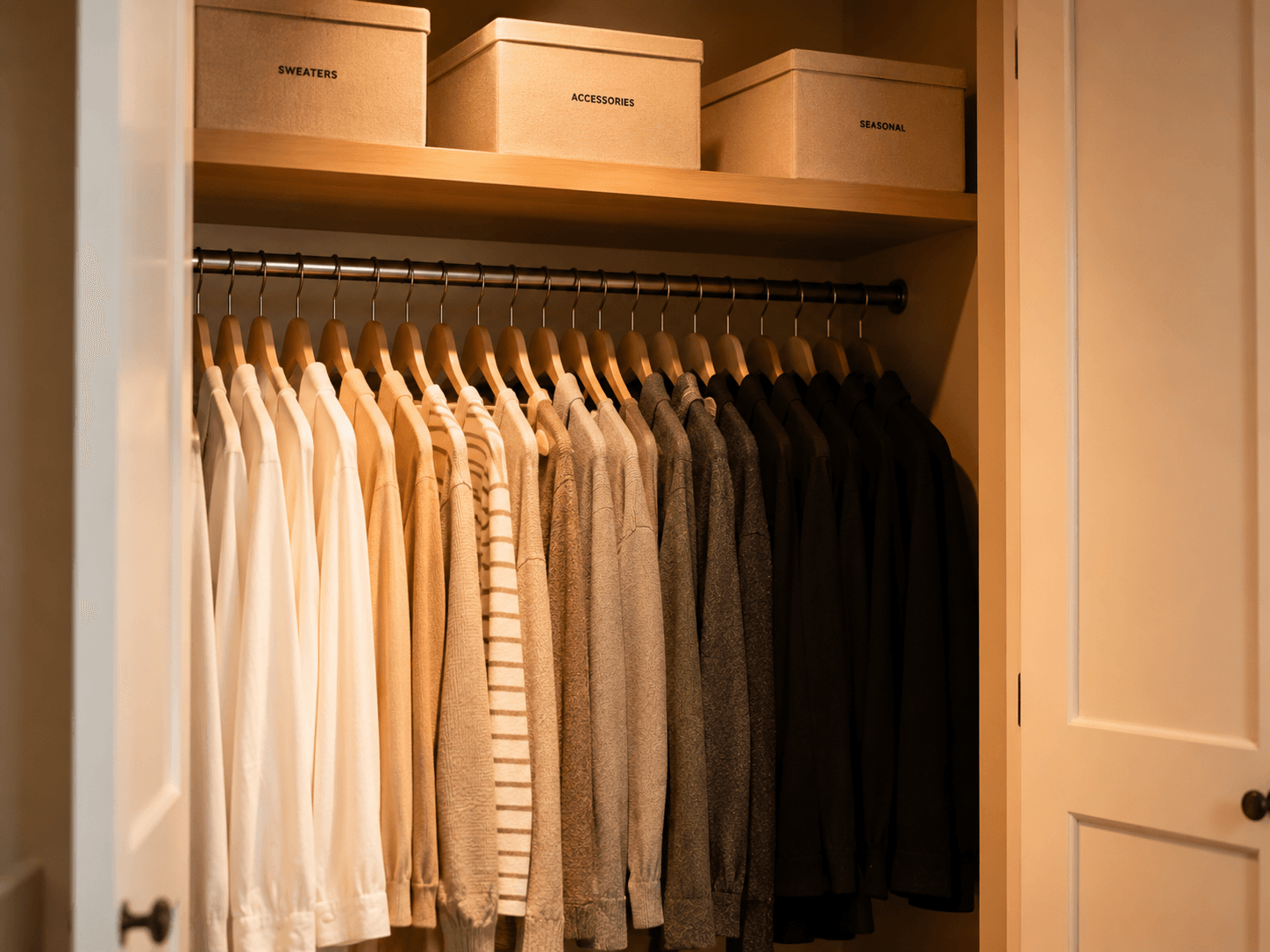 Guarda-roupa pequeno organizado com cabides de veludo e cestos decorativos