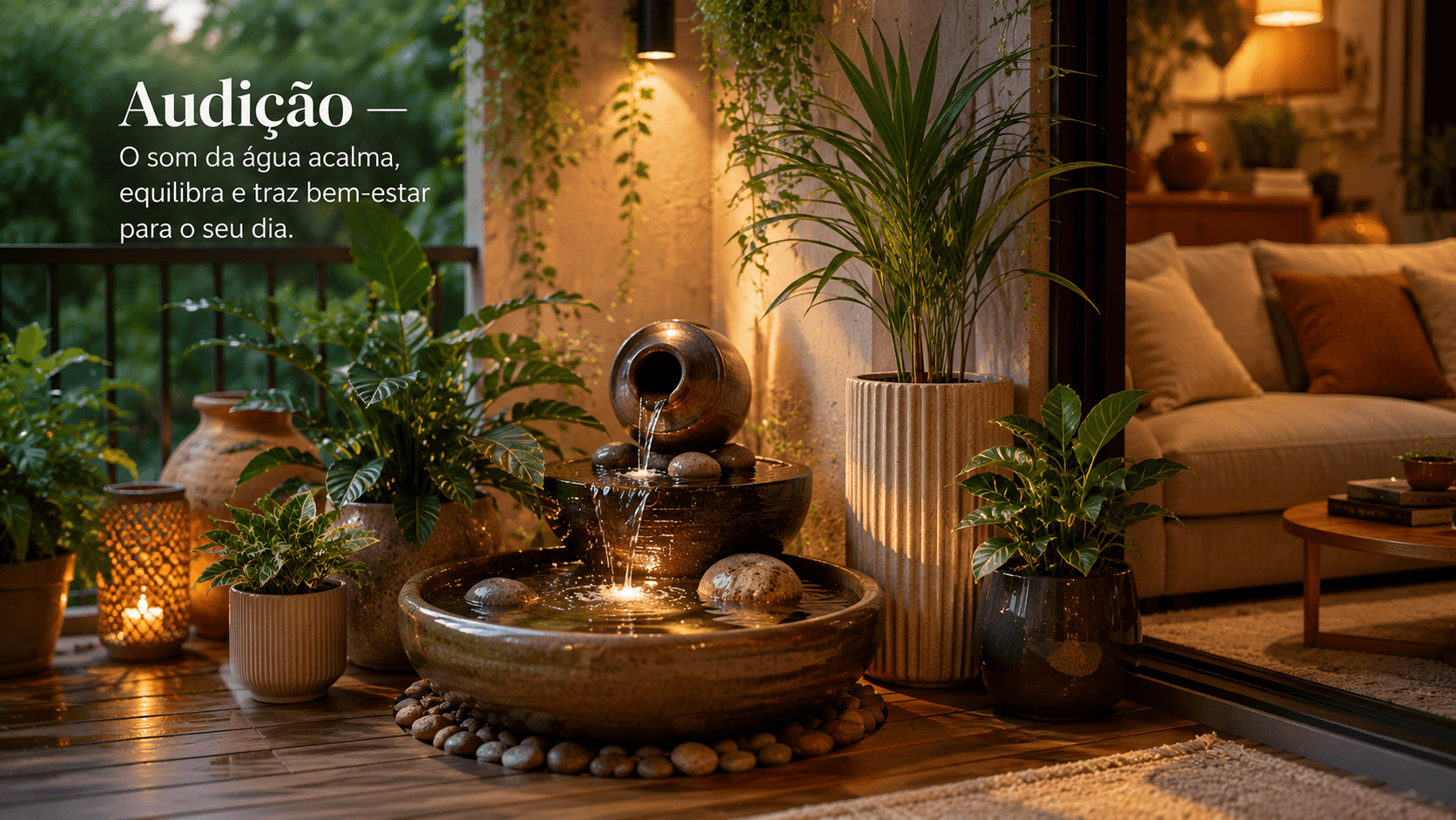 Fonte de água decorativa em sala com plantas ao redor