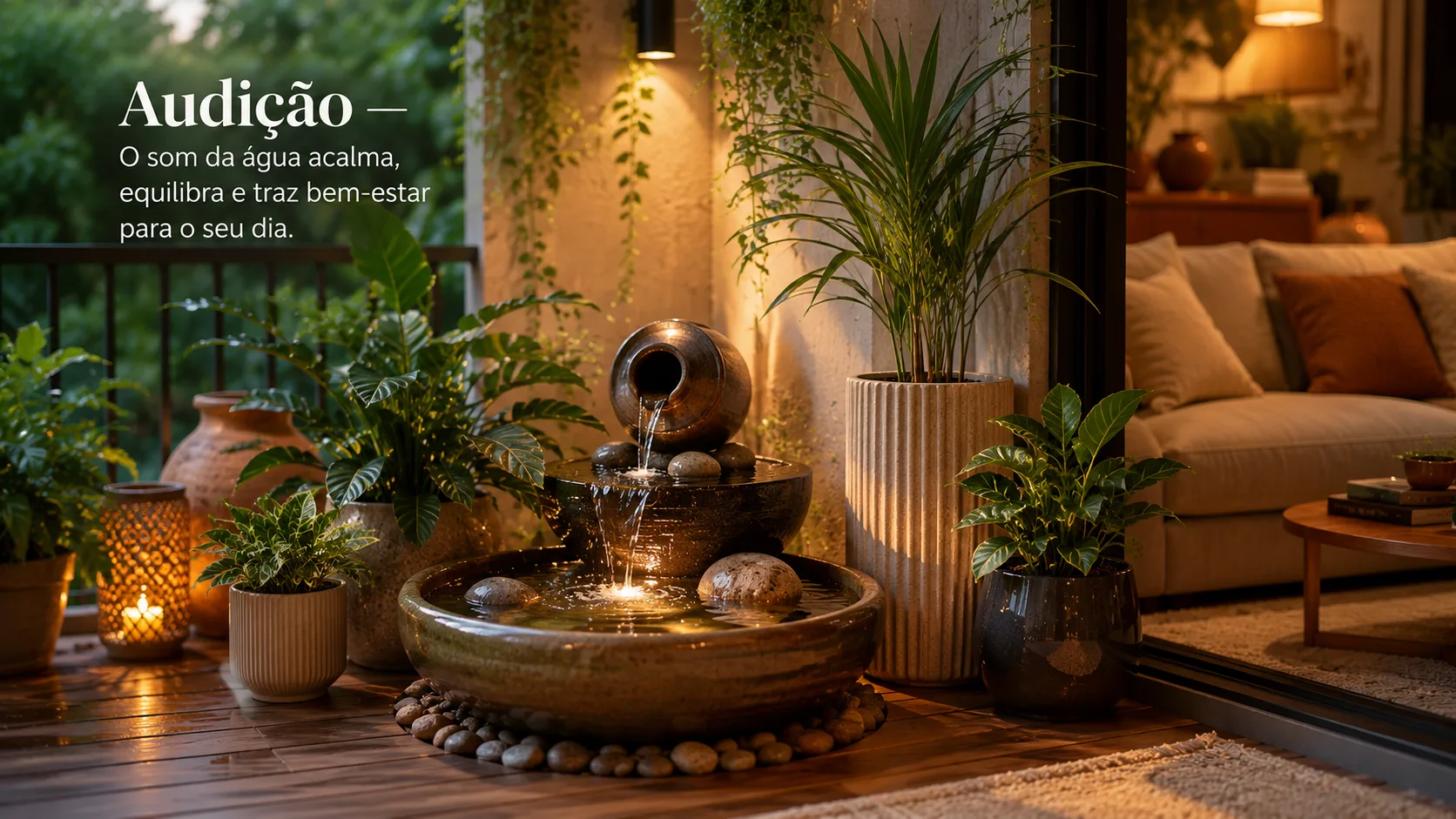 Fonte de água decorativa em sala com plantas ao redor