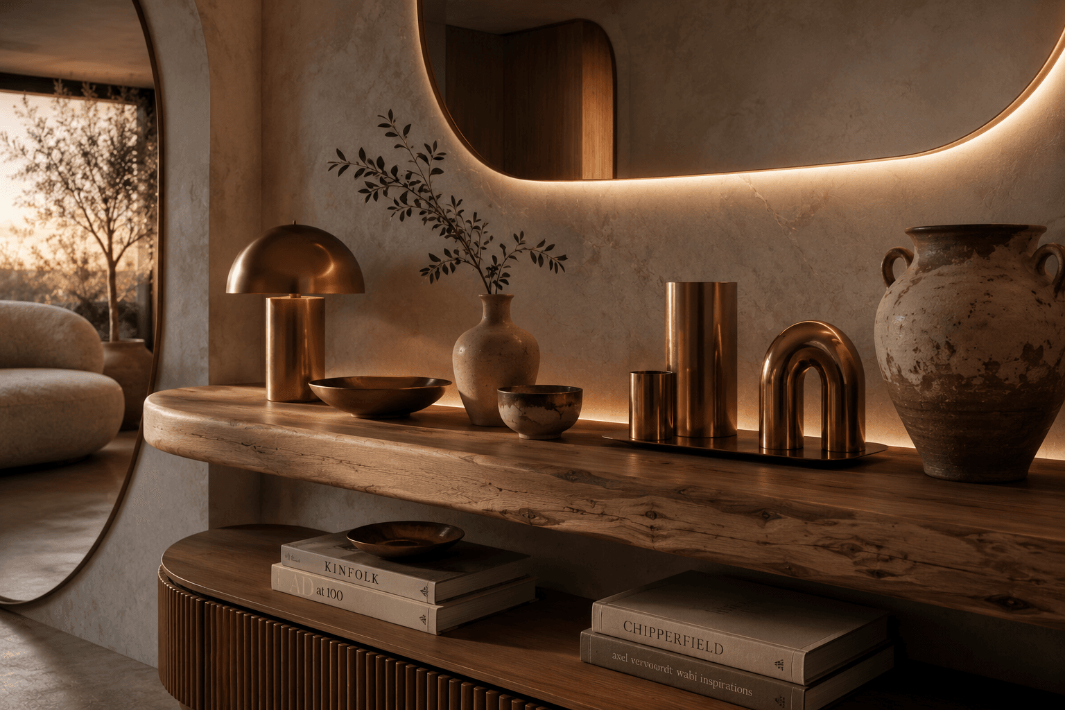 Bancada de madeira com objetos decorativos em cobre e latão no estilo futurismo orgânico