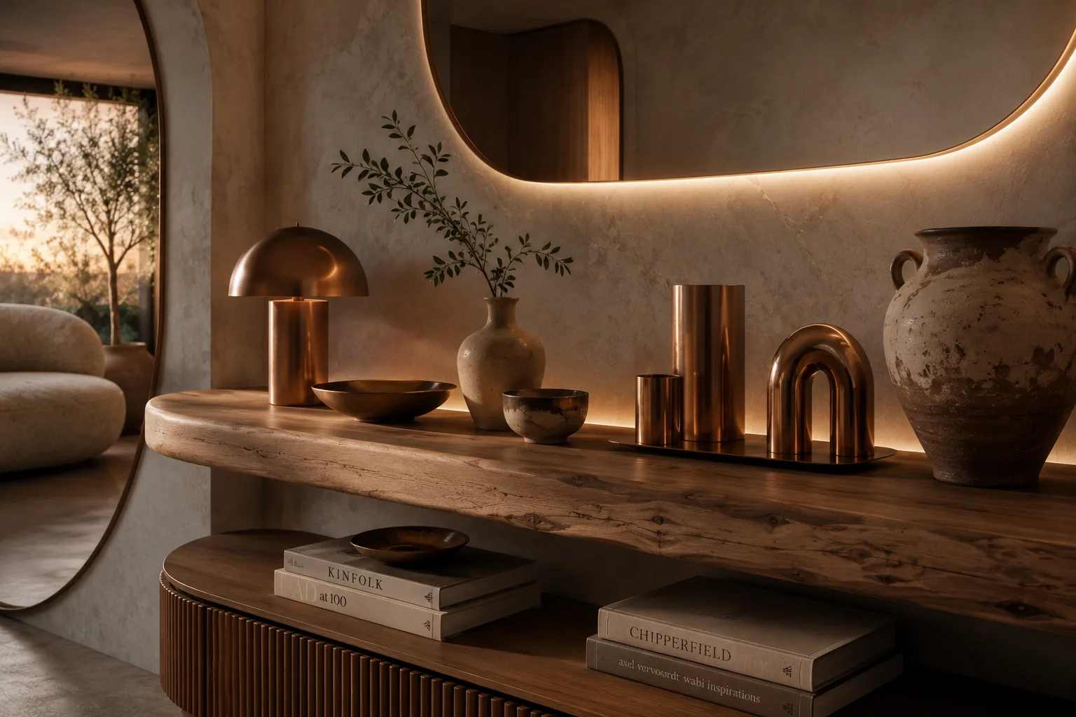 Bancada de madeira com objetos decorativos em cobre e latão no estilo futurismo orgânico