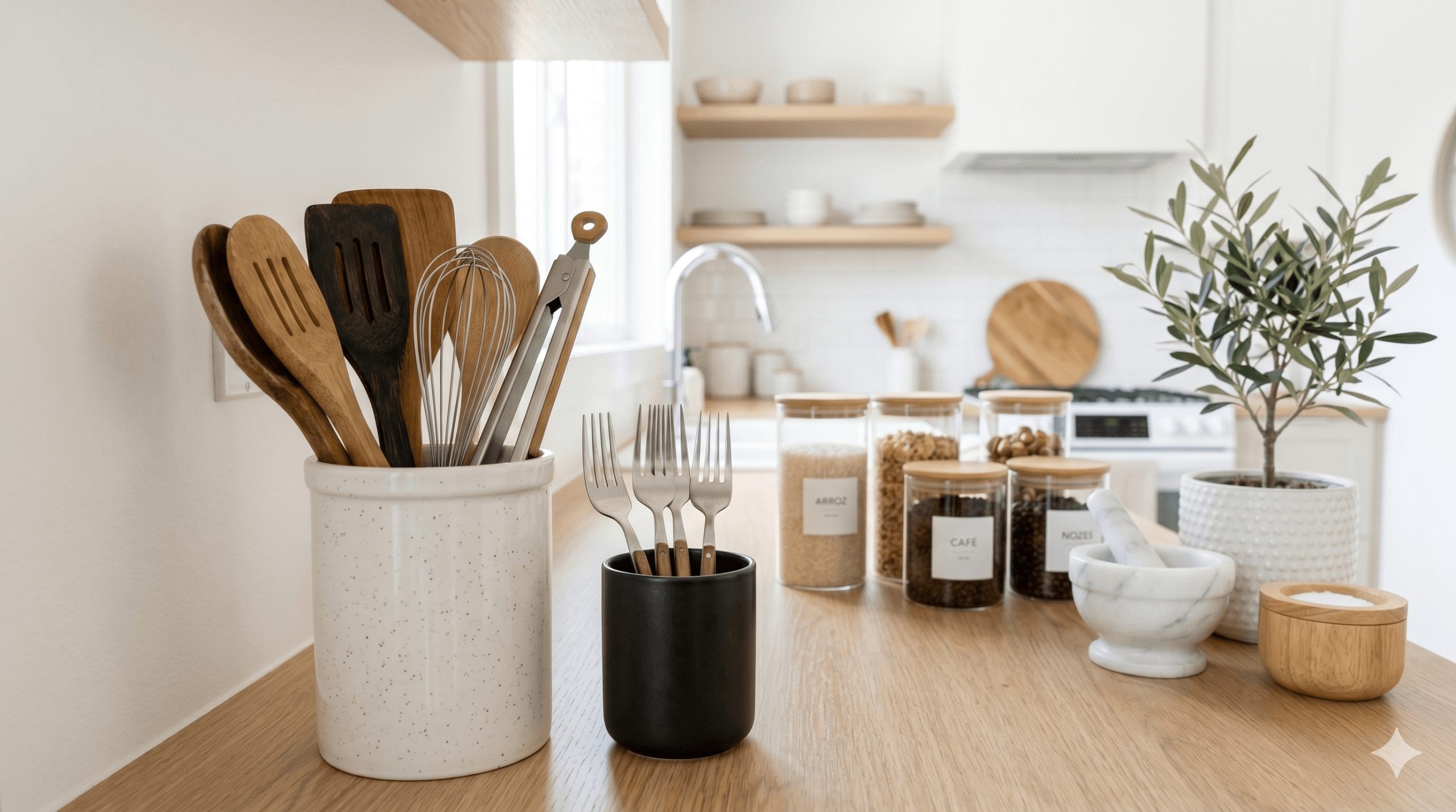 7 organizadores de cozinha para ganhar espaço Bancada de cozinha organizada com suporte para utensílios