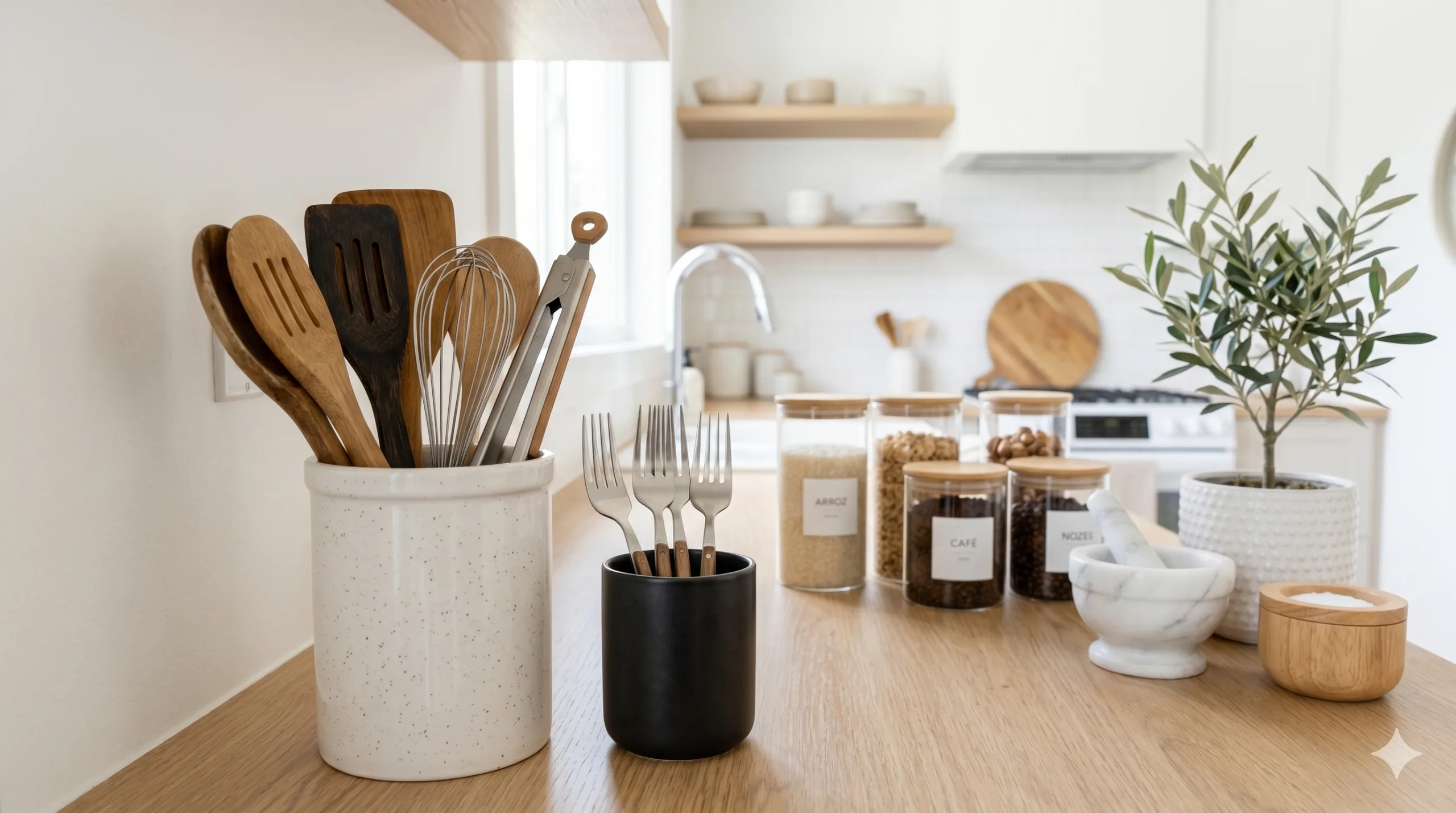 Bancada de cozinha organizada com suporte para utensílios