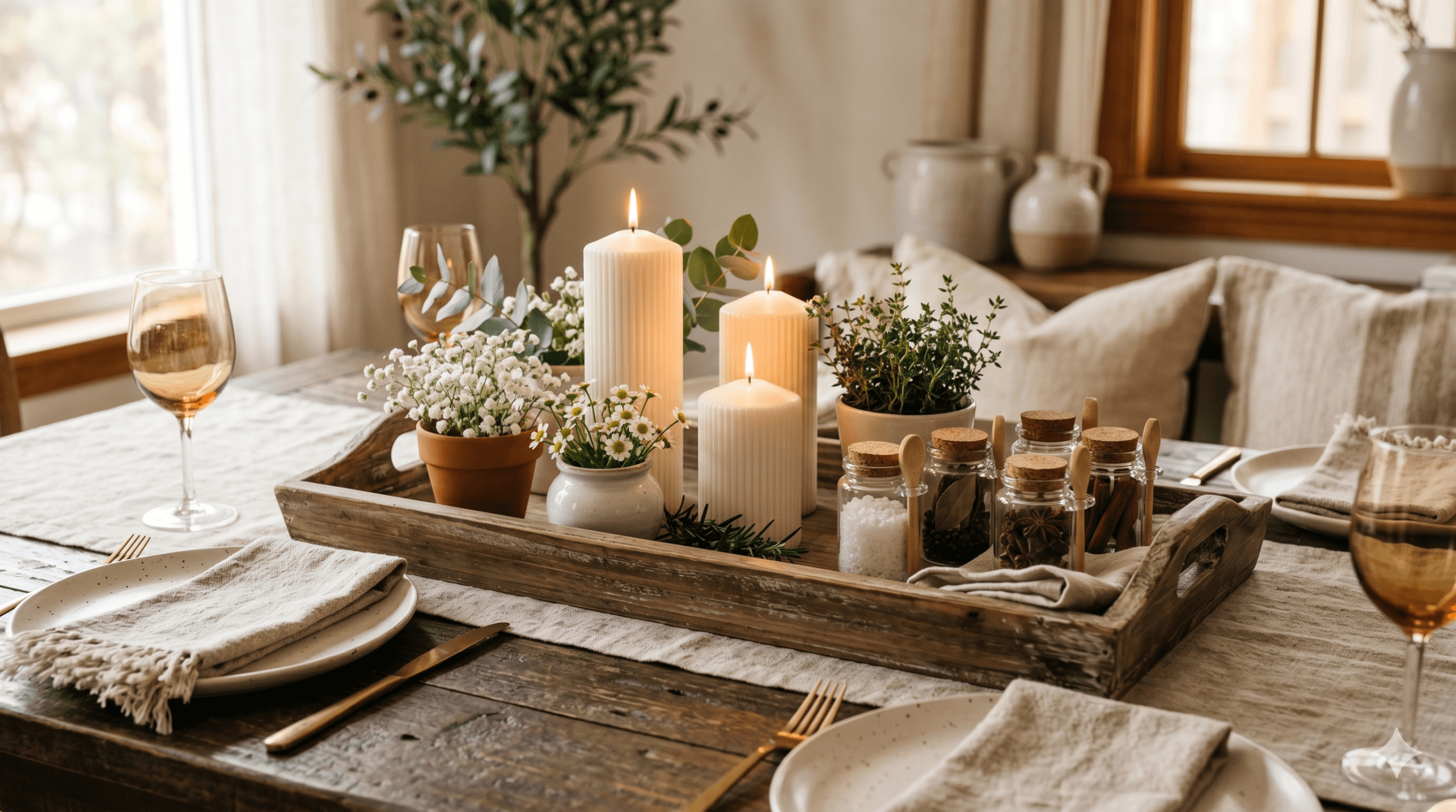 Bandeja decorativa de madeira com velas brancas e flores sobre mesa posta rústica elegante