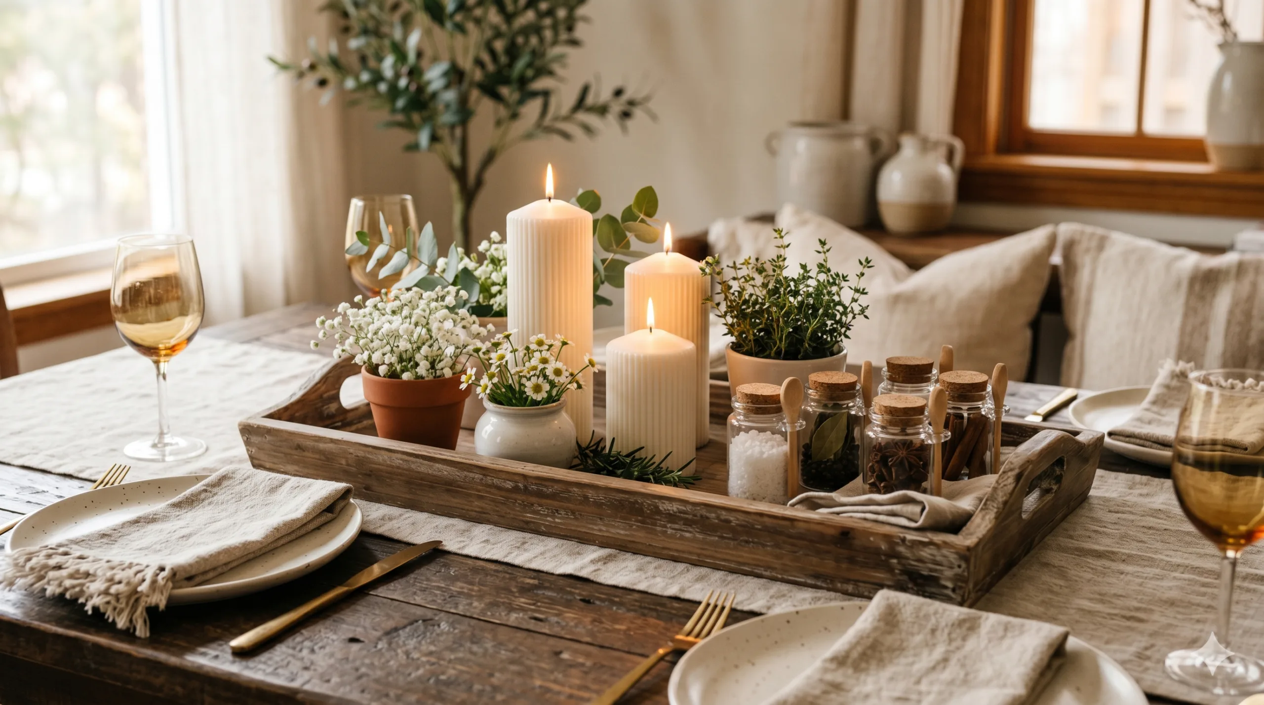 7 ideias de mesa posta simples e elegante Bandeja decorativa de madeira com velas brancas e flores sobre mesa posta rústica elegante