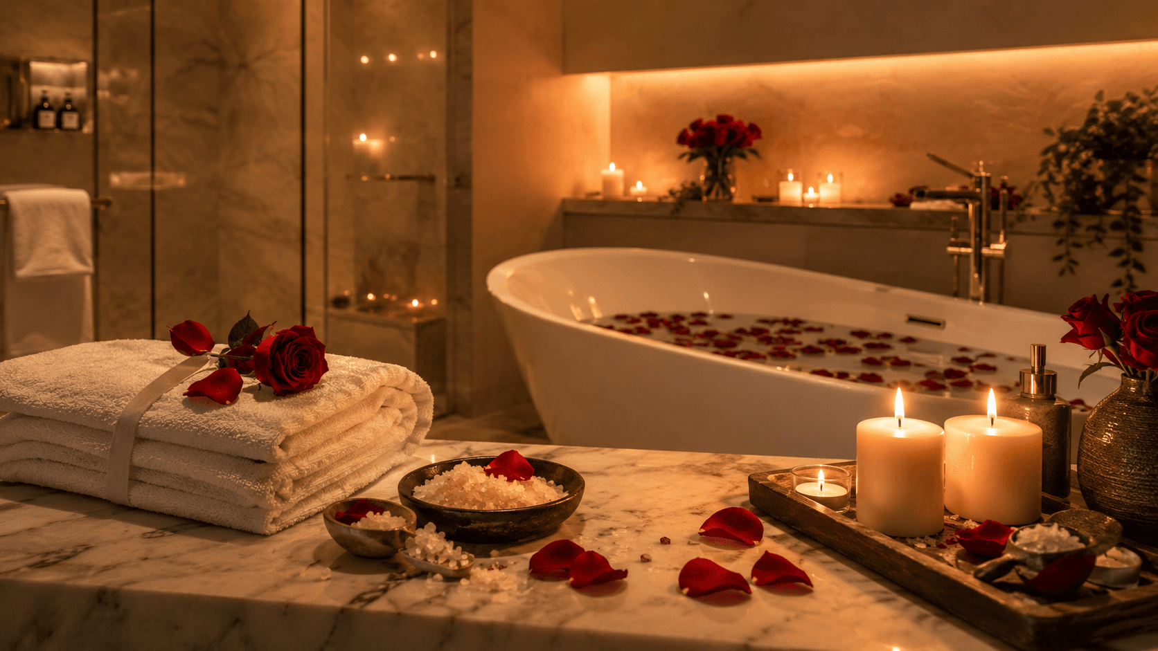 Banheiro elegante com velas acesas, sal grosso e toalha dobrada — ritual de banho terapêutico em casa