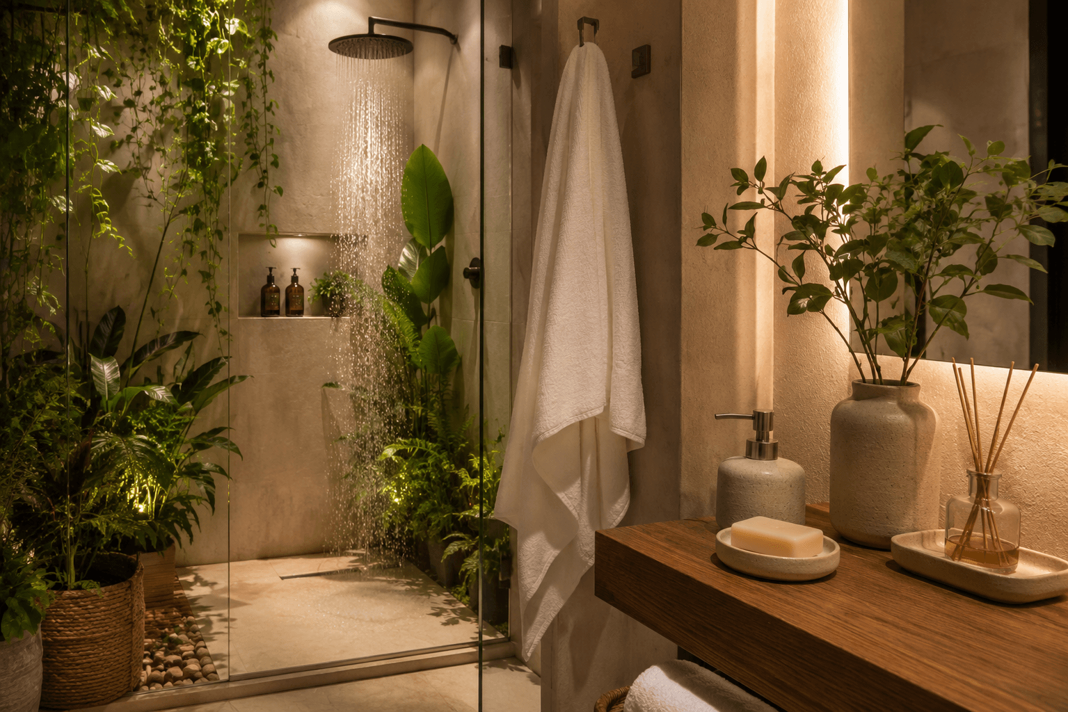 Banheiro zen decorado com plantas naturais, toalha branca e saboneteira de cerâmica