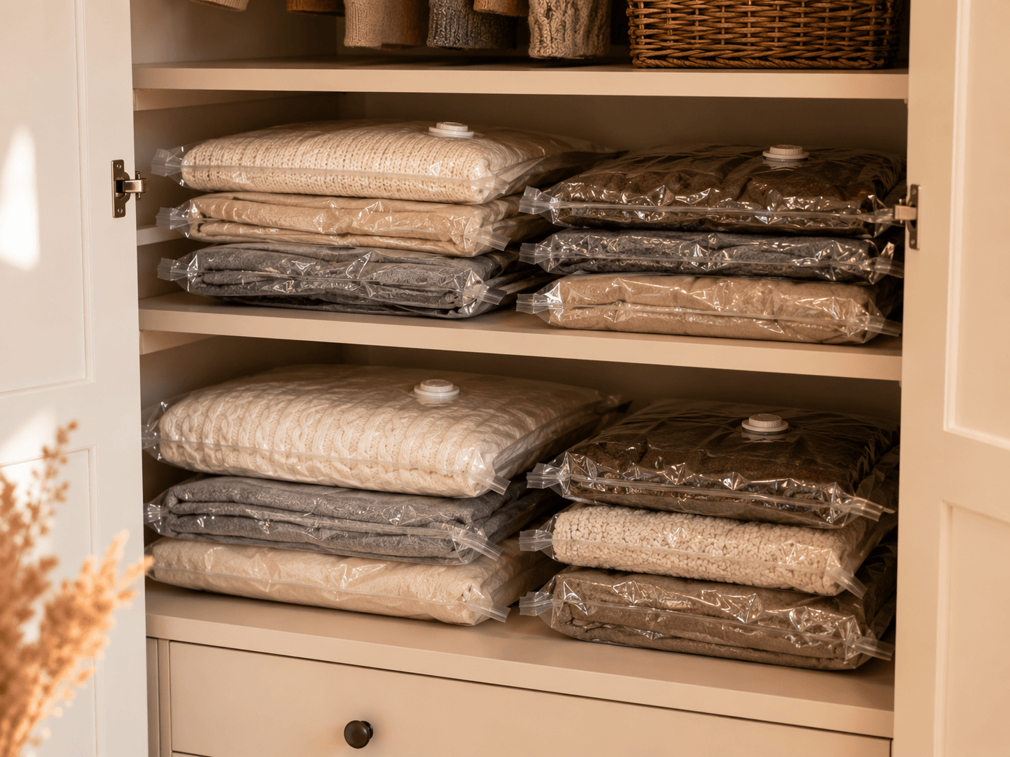 Sacos a vácuo com roupas de inverno comprimidas e organizadas em prateleira