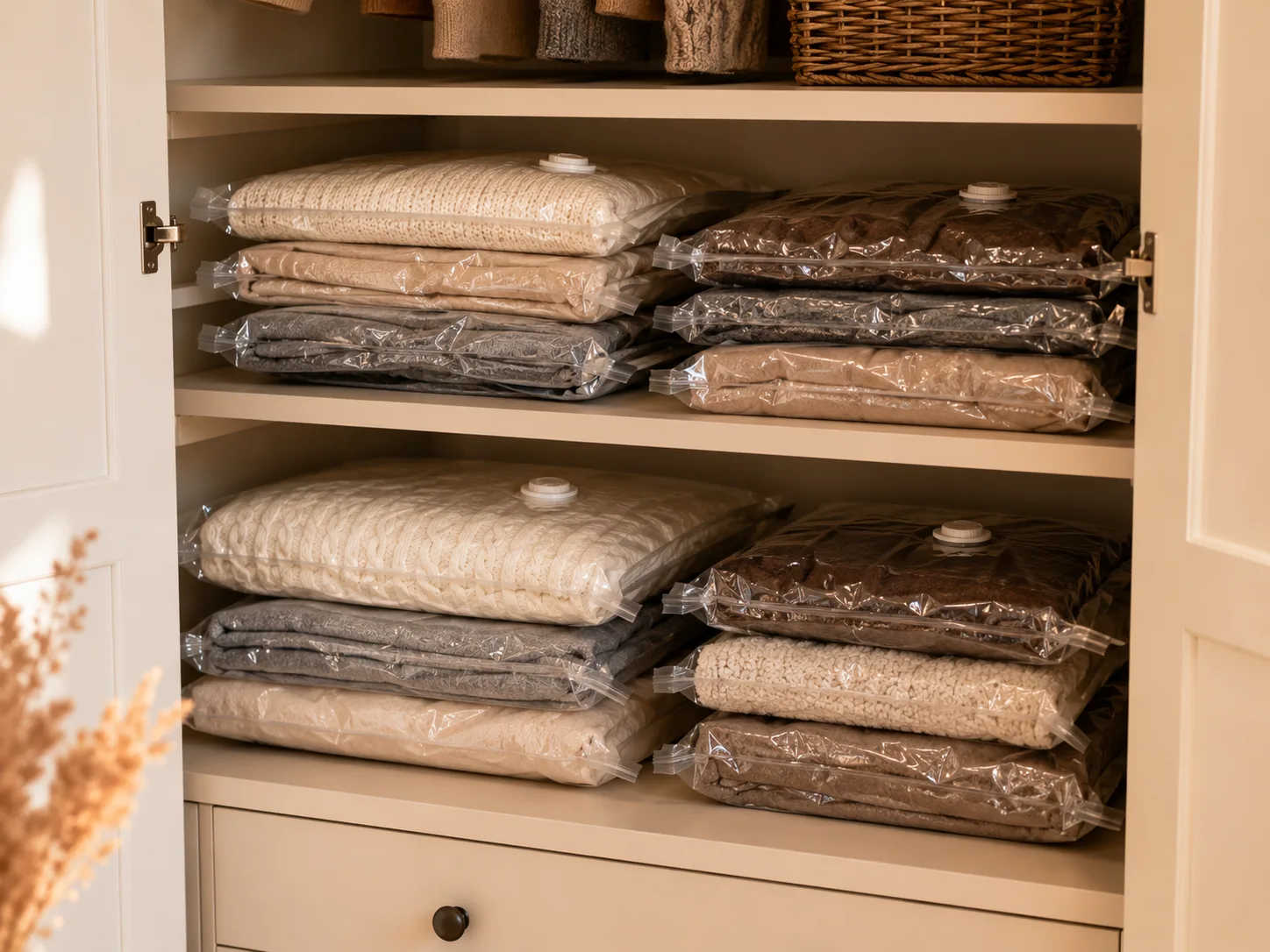 Guarda-Roupa Pequeno Sempre Bagunçado? 10 Truques que Mudam Tudo Sacos a vácuo com roupas de inverno comprimidas e organizadas em prateleira