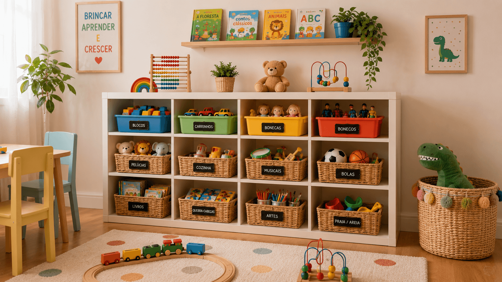 Brinquedos organizados em cestos e caixas