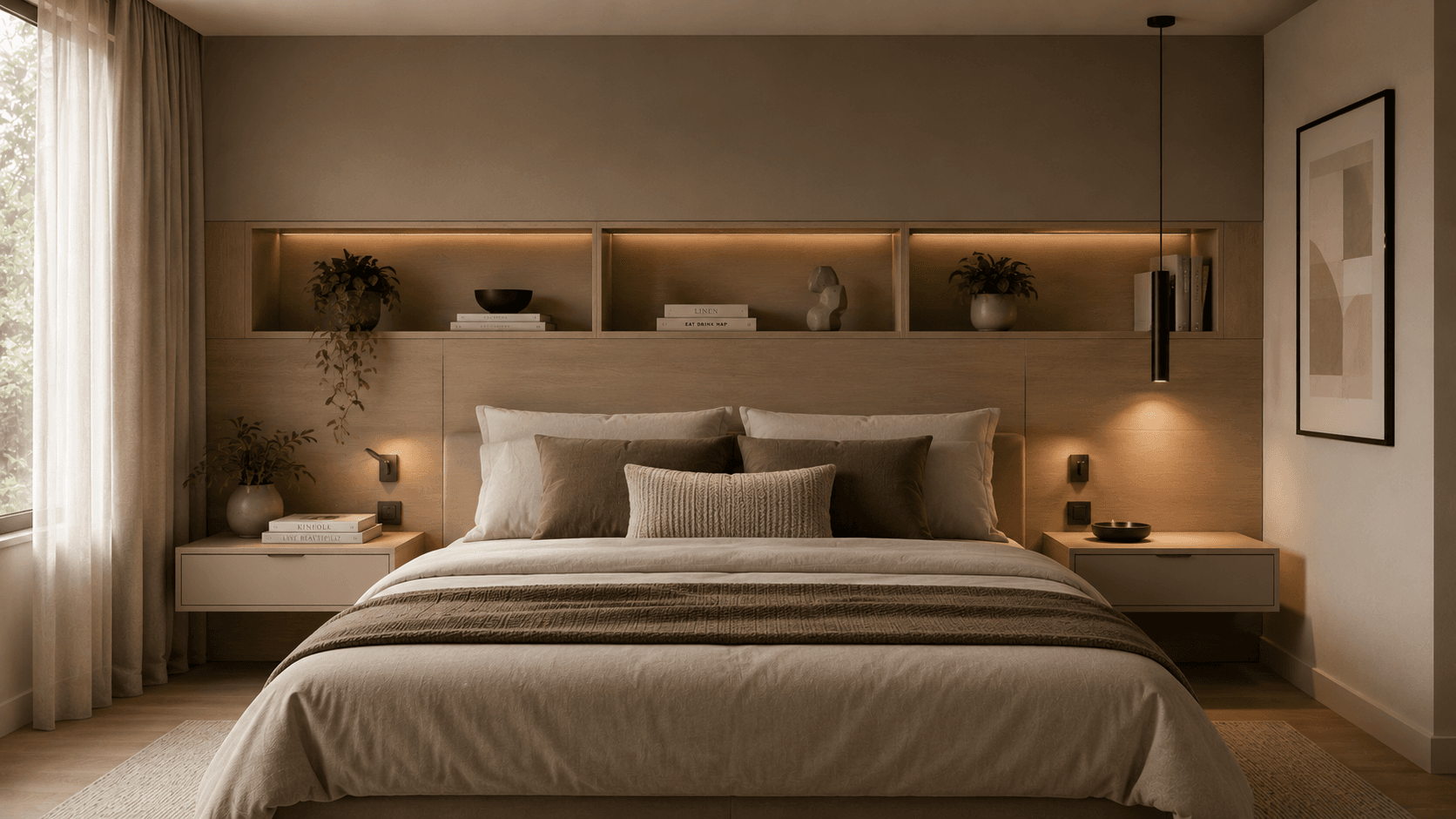 Quarto com cabeceira com nichos embutidos e criado mudo flutuante minimalista