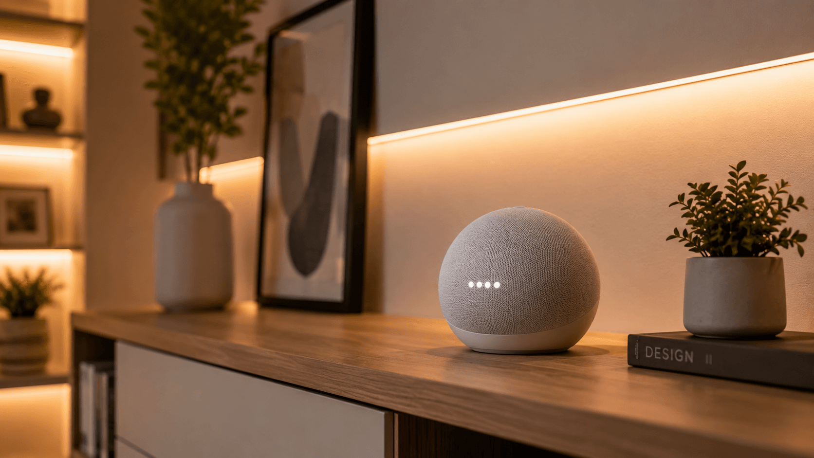 Caixa de som Bluetooth compacta e elegante integrada à decoração de prateleira em sala clean