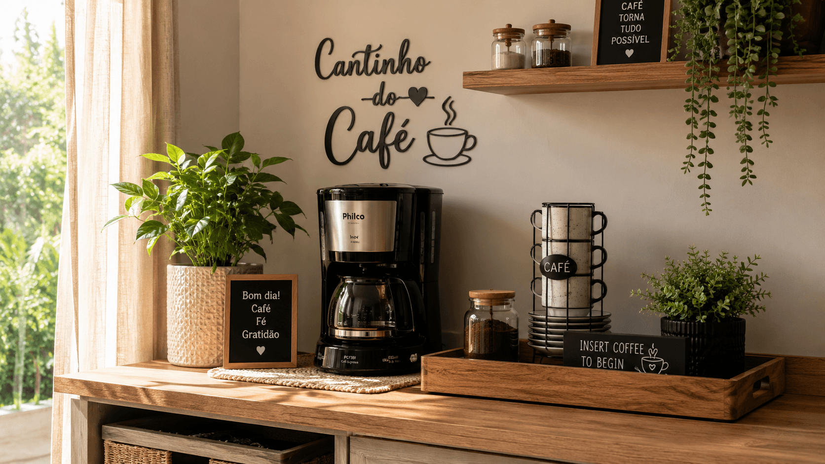 cantinho do café decorado com cafeteira, xícaras de cerâmica e bandeja de madeira