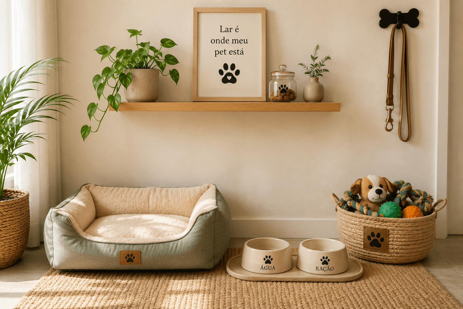 Cantinho do pet organizado com caminha e acessórios