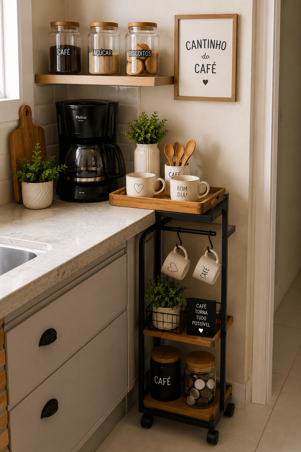 cantinho do café pequeno e compacto em bancada de cozinha com prateleira e carrinho