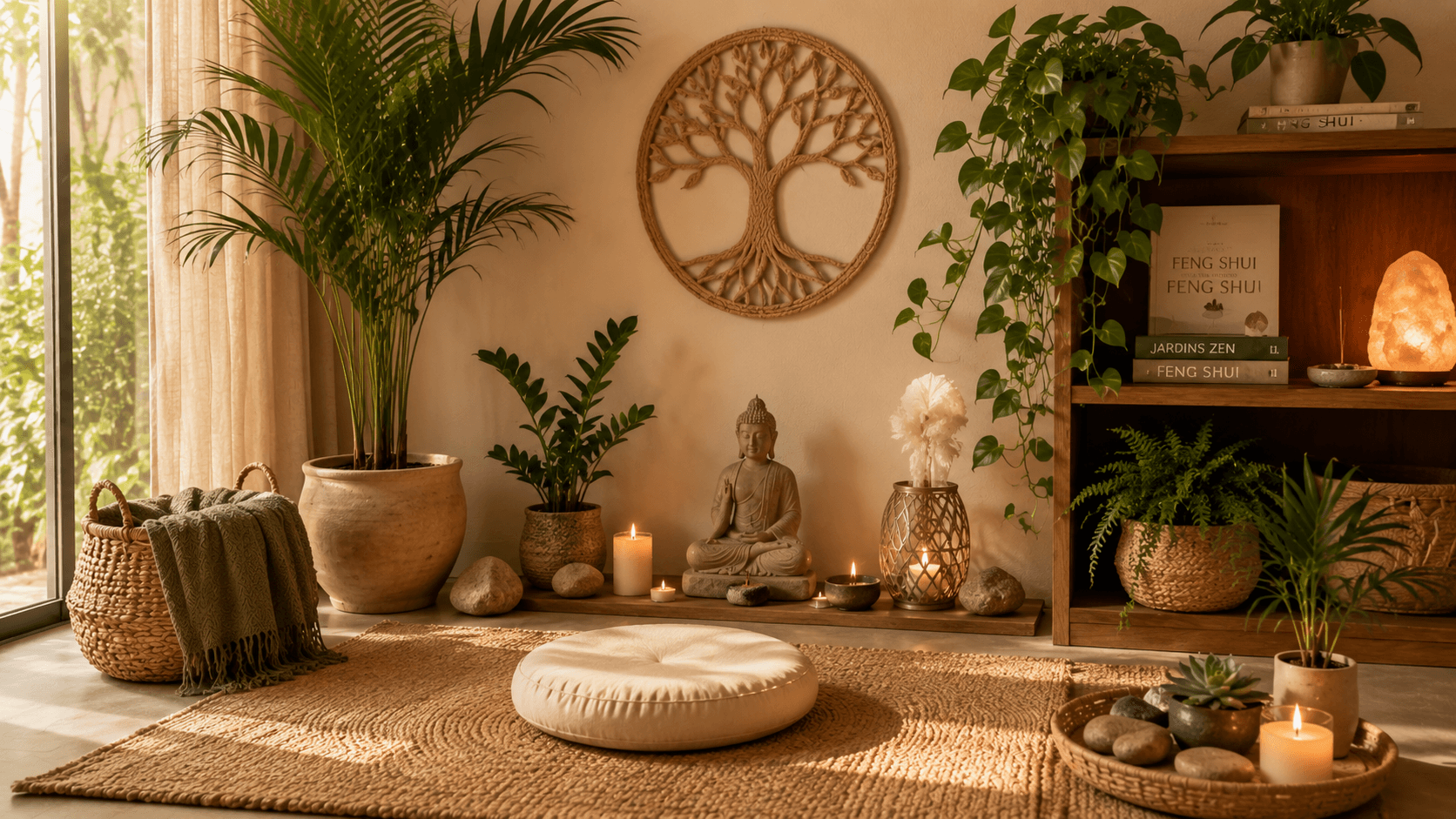 Cantinho zen com plantas e elementos naturais — feng shui e bem-estar em casa