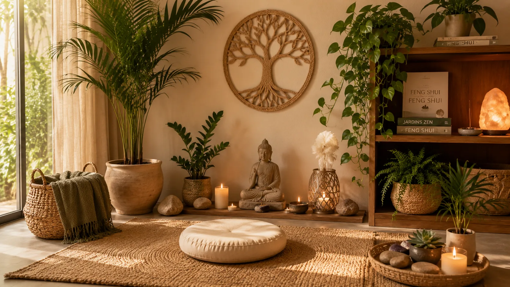 Cantinho zen com plantas e elementos naturais — feng shui e bem-estar em casa