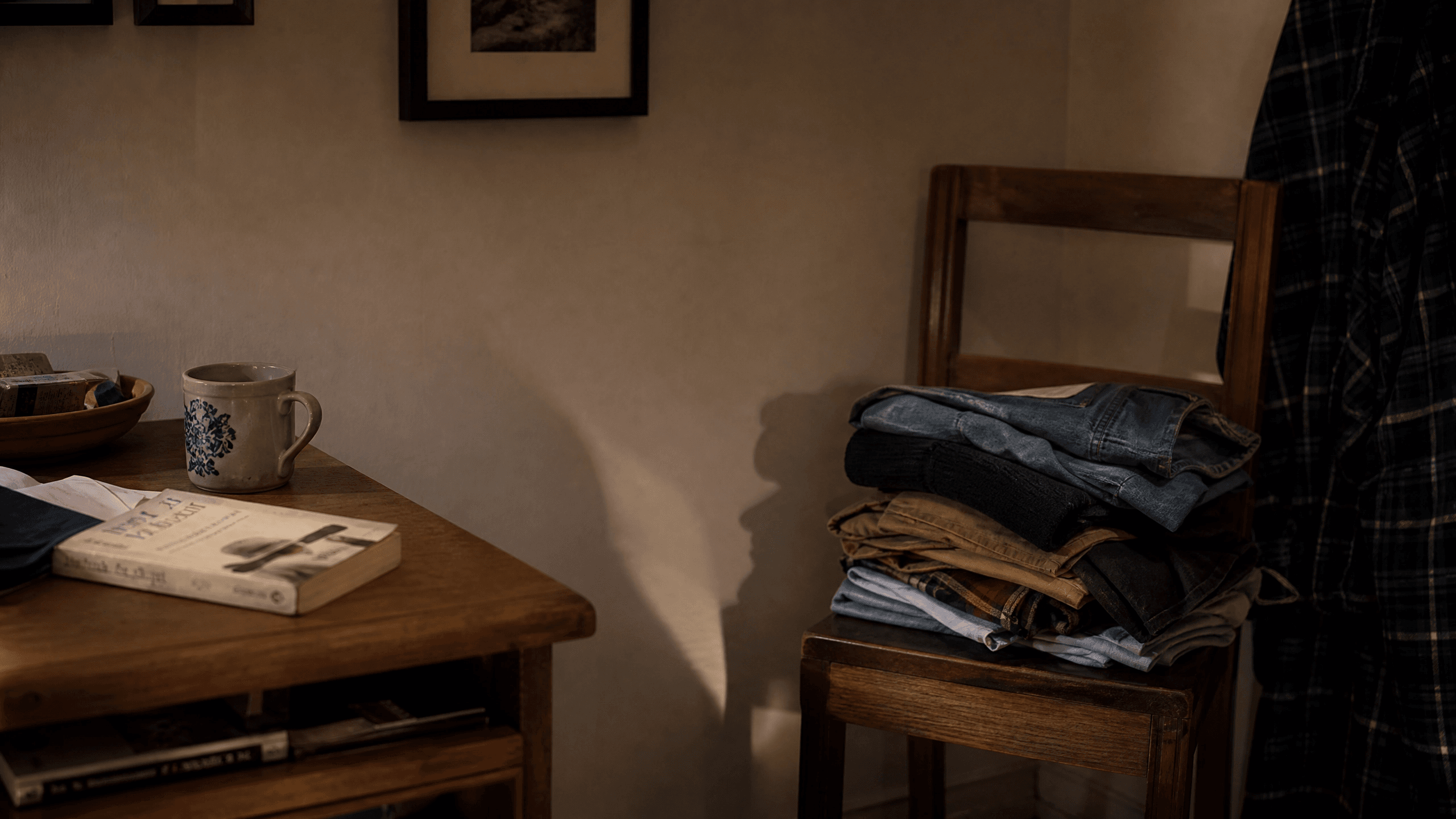 canto de quarto levemente desarrumado com pilha de roupas e objetos espalhados