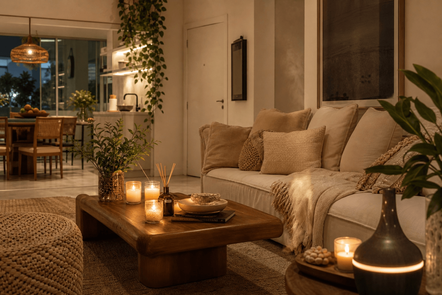 Casa aconchegante com plantas, velas e luz suave para relaxamento
