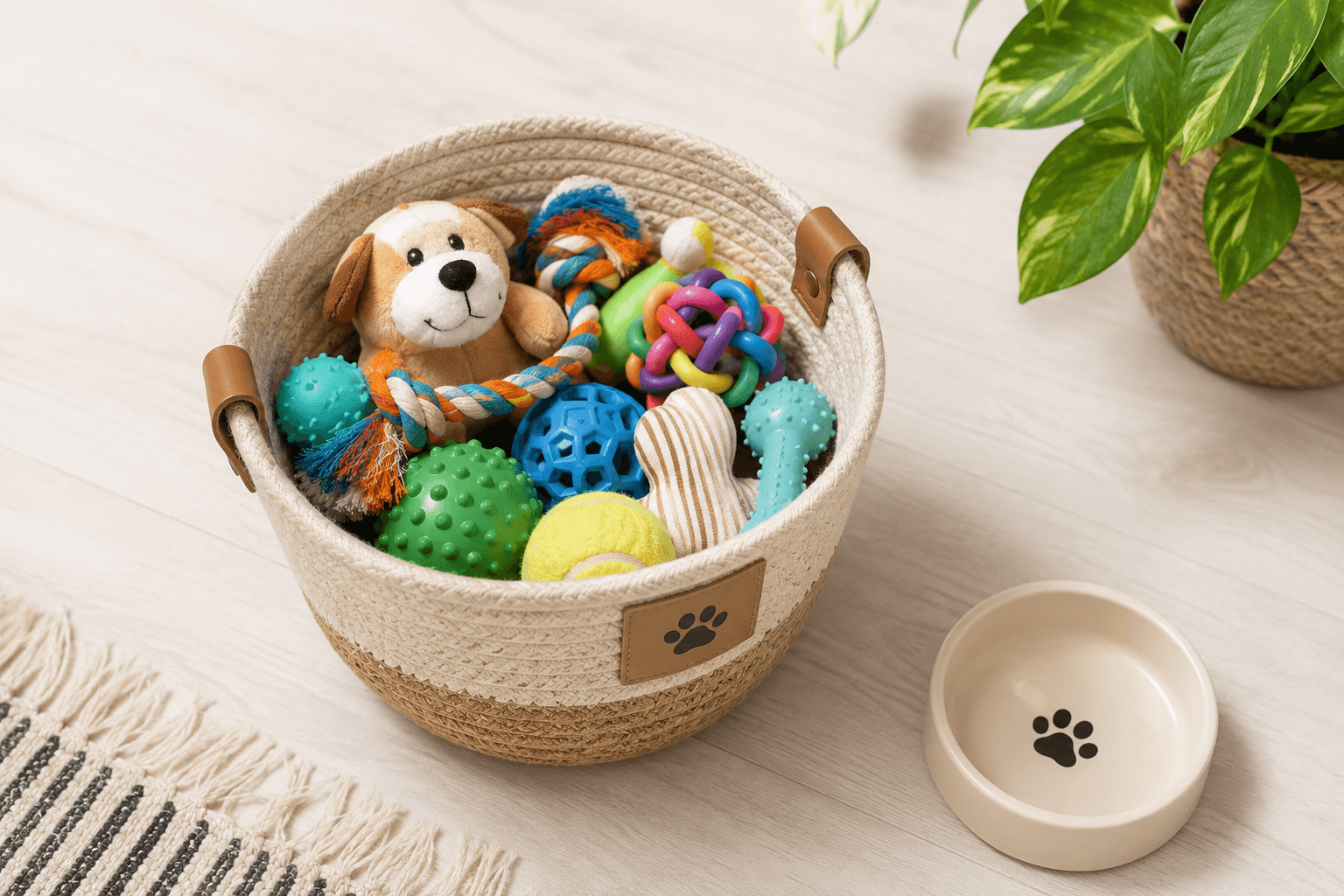 Cesto de palha com brinquedos coloridos do pet organizados