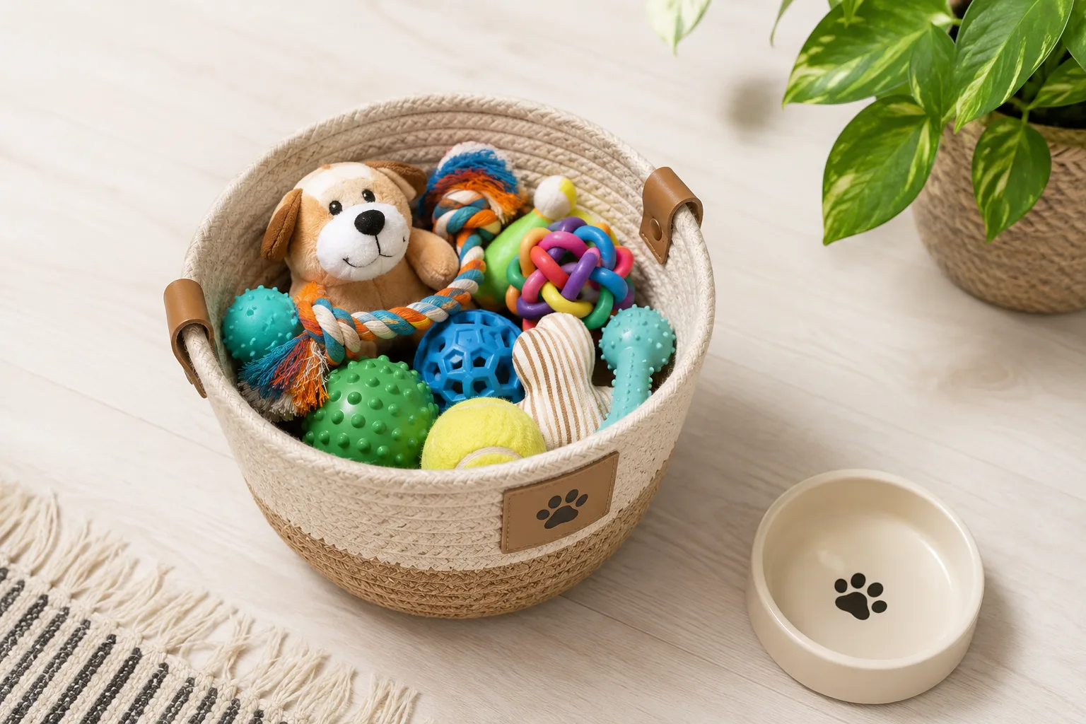 Organização com Pets em Casa: Dicas para um Lar Limpo e Harmonioso Cesto de palha com brinquedos coloridos do pet organizados
