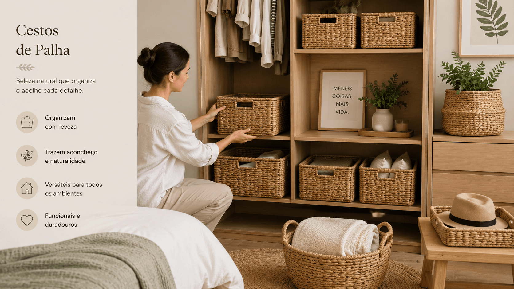 Cestos de palha organizadores estilo KonMari