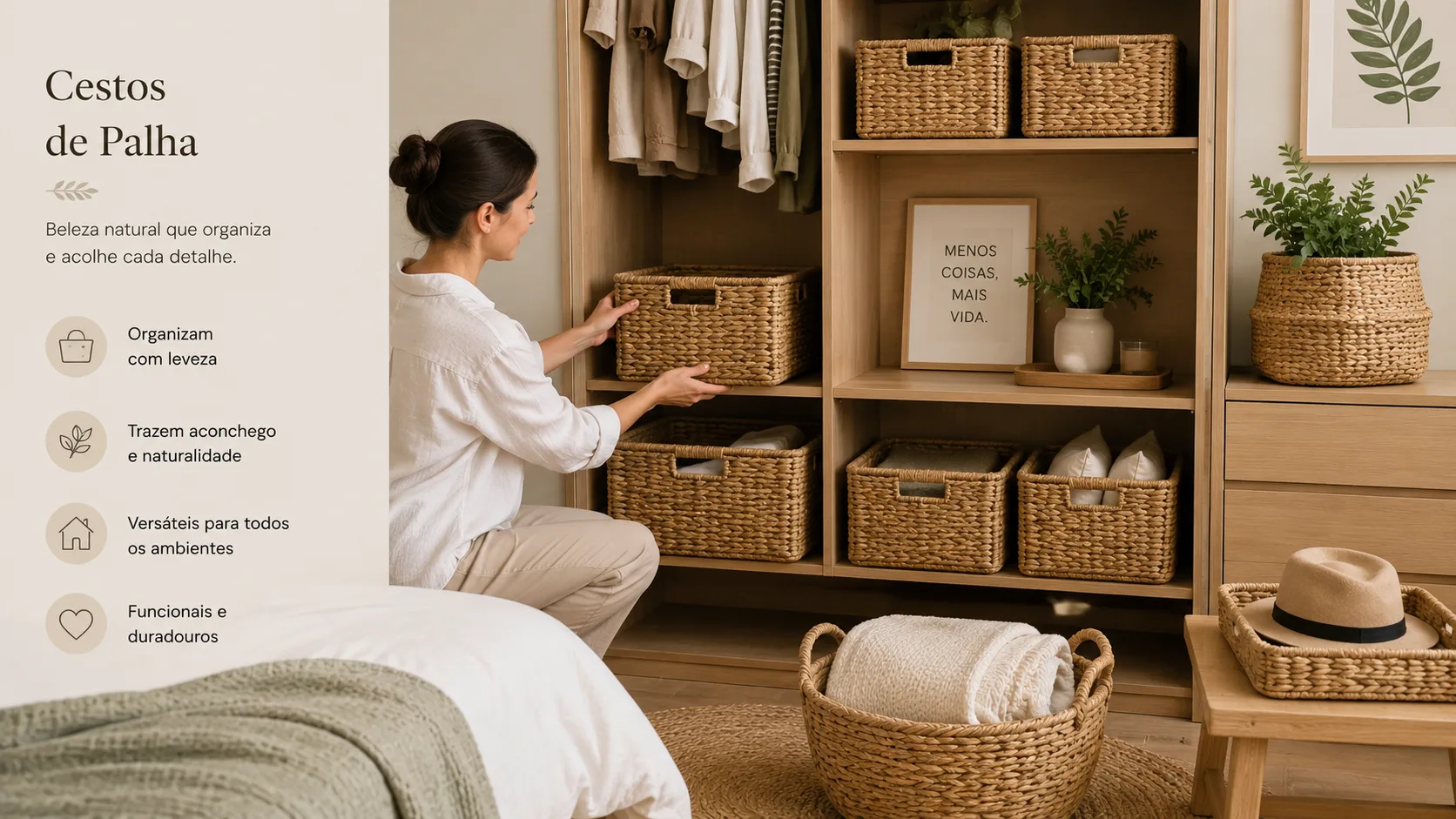 Cestos de palha organizadores estilo KonMari
